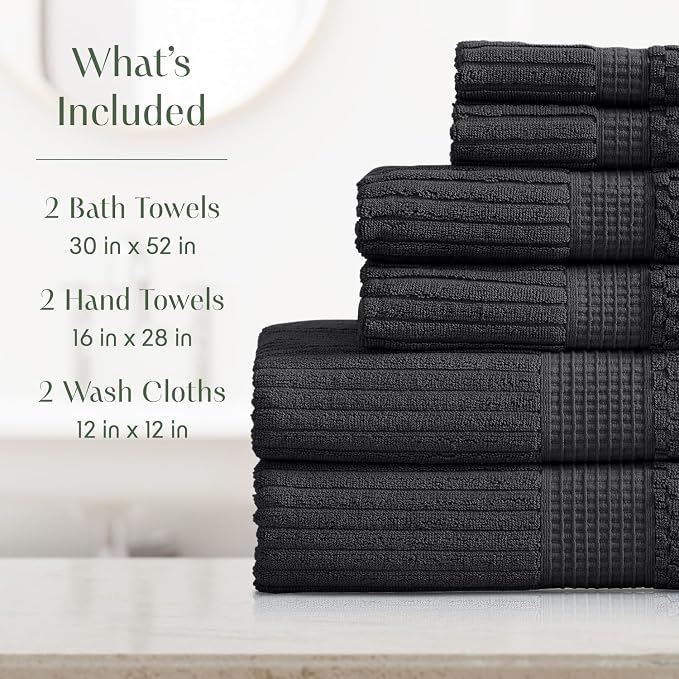 Springtree Home 100% Cotton Bath Towel Set | 6-Piece Set | Textured | Black | Absorbent & Quick-Dry Bathroom Towels | Textured and Durable Cotton Towels for Bathroom | OEKO-TEX | Krista Collection