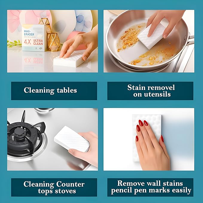 Magic Eraser Cleaning Sponge | Pack of 4 | Chemical-Free, Multi-Purpose Wipe for Effortless Cleaning of Kitchen, Bathroom, Walls, Shoes & More – Tough on Stains, Gentle on Surfaces