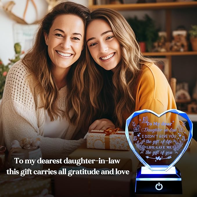 ZHSHWAT LED Heart Shaped Crystal Gift for Daughter-in-Law - Engraved Sentimental Keepsake Night Light, Perfect Birthday, Mother's Day, Christmas Gift from Mom-in-Law