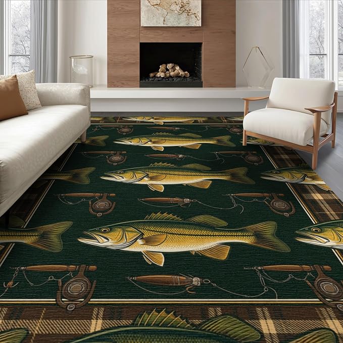 8'x10' Washable Area Rug Bass Cabin Lure Reel Motif Tackle Border Angler Fish Fishing Refined Structured Non-Slip Flatwoven for Living Room, Under Sectional, Family