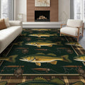 8'x10' Washable Area Rug Bass Cabin Lure Reel Motif Tackle Border Angler Fish Fishing Refined Structured Non-Slip Flatwoven for Living Room, Under Sectional, Family