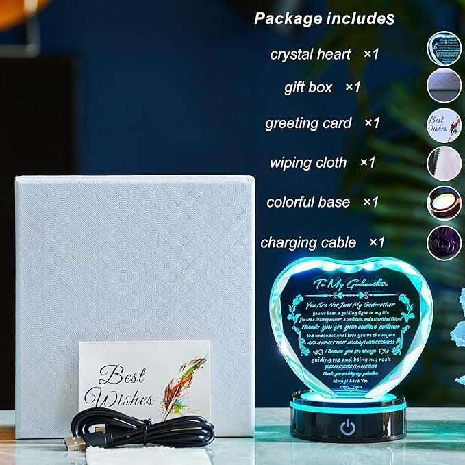 Gifts for Godmother with Colorful LED Base Heart Crystal Plaque Godmother Gift Idea from Goddaughter Godson for Mothers Day, Christmas, Birthday, Thanksgiving,Retirement