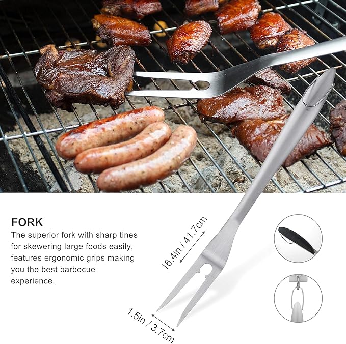 grilljoy 8PCS BBQ Grill Tools Set with Extra Thick Stainless Steel Spatula, Fork, Tongs & Cleaning Brush - Complete Barbecue Accessories Kit with Portable Bag - Perfect Grill Gifts for Father's Day