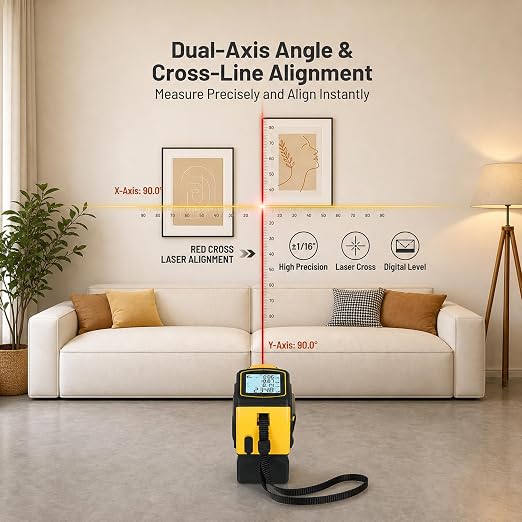 4-in-1 Digital Laser Tape Measure, 16FT Tape, 328FT Distance Meter | 33FT cross-line laser for room measurements, furniture layout, doorway clearance, picture hanging and shelf installation.