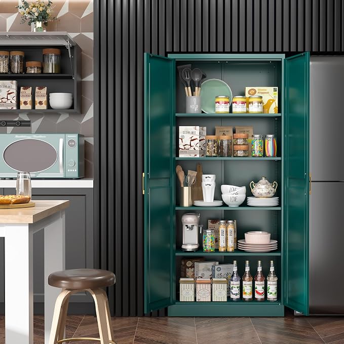 Steeloong 71"Metal Pantry Storage Cabinet with Doors & 4 Adjustable Shelves | Kitchen Pantry Cabinet,Green Kitchen Cabinet with 2 Gold Handles,Tall Cabinet for Livingroom,Pantry, Bathroom,Kitchen