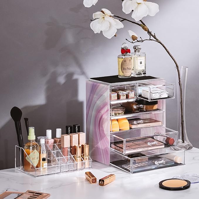 Sorbus Acrylic Makeup Organizer Set, 6-Drawer Vanity & Countertop Cosmetic Storage with Small & Wide Compartments, Tie Dye Makeup Storage for Brushes, Jewelry – Holiday Gift for Women & Teens