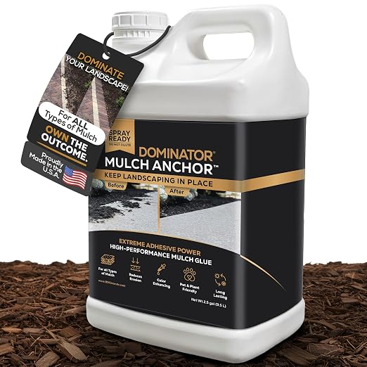 DOMINATOR Mulch Anchor 2.5 Gallons - Mulch Glue and Pea Gravel Stabilizer, Ready to Use Spray, Lasts up to 2 Years, Fast-Dry, Non-Toxic, Strong Mulch Glue for Landscapes