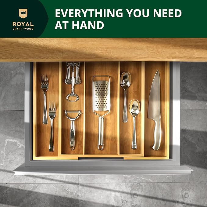 Luxury Bamboo Kitchen Drawer Organizer - Silverware Organizer - Utensil Holder and Cutlery Tray with Grooved Drawer Dividers for Flatware and Kitchen Utensils (5 Slot, Natural)