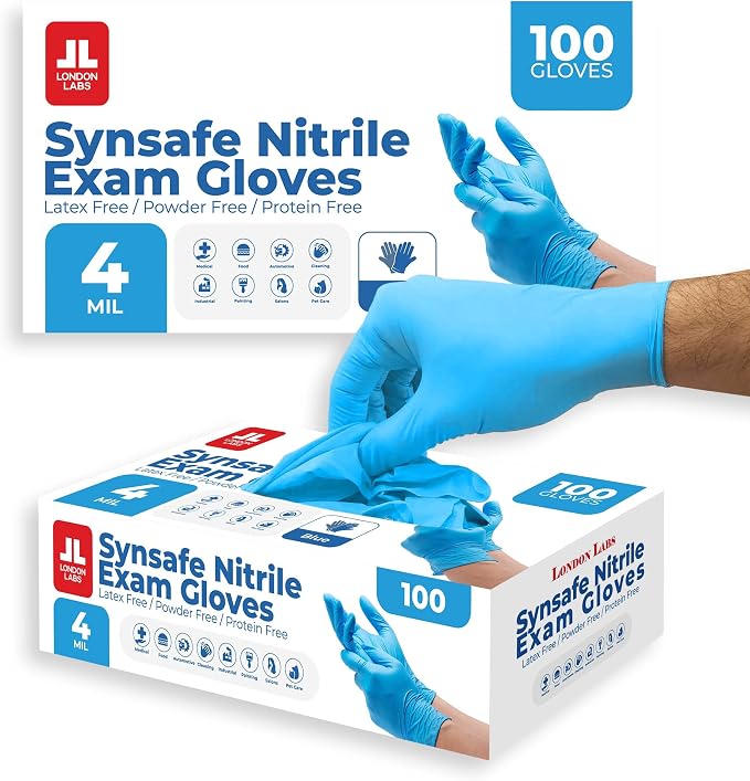 London Labs Synsafe 4 Mil - Blue Nitrile Exam Gloves –Disposable Latex Free & Powder Free – Extra Strong, Rubber Gloves