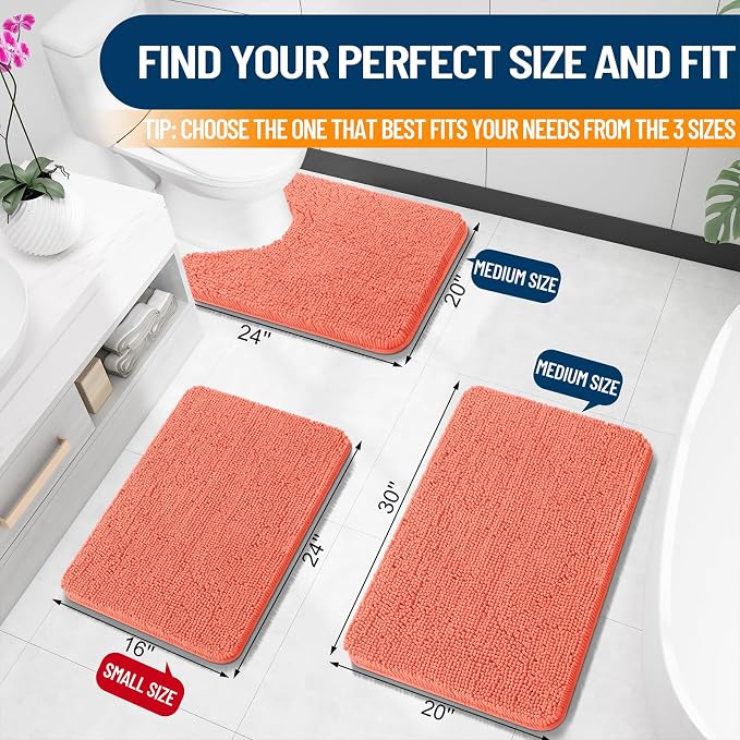 OLANLY Small Bathroom Rugs 24x16, Extra Soft Absorbent Chenille Bath Rugs, Rubber Backing Quick Dry, Machine Washable Bath Mats for Bathroom Floor, Tub and Shower, Home Decor Accessories, Coral