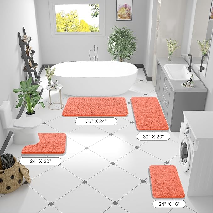 OLANLY Bathroom Runner Rugs 44x24, Extra Soft Absorbent Chenille Bath Rugs, Rubber Backing Quick Dry, Machine Washable Long Bath Mats for Bathroom Floor, Tub and Shower, Home Decor Accessories, Coral