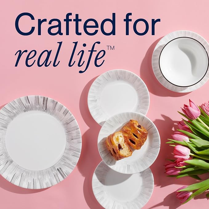 Corelle Vitrelle 18-Piece Service for 6 Dinnerware Set, Triple Layer Glass and Chip Resistant, Lightweight Round Plates and Bowls Set, Arica