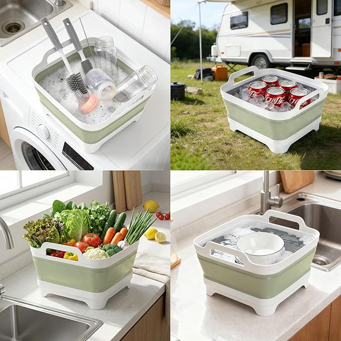 Volnamal Collapsible Wash Basin for Baby Bottles - Portable 2.4 Gallon Dish Basin with Drying Rack & Lid, Foldable RV Sink Tub for Camping, Sturdy Wash Tub for Kitchen, Camping, Outdoor Use (Green)