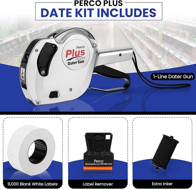 Perco Plus 1-Line Date Marking Gun with Labels Kit - Compares to Monarch 1131-01 Band Includes 1-Line 8-Character Band Date Labeler Gun, 9,000 Blank White Labels, a Label Scraper, and an Extra Inker