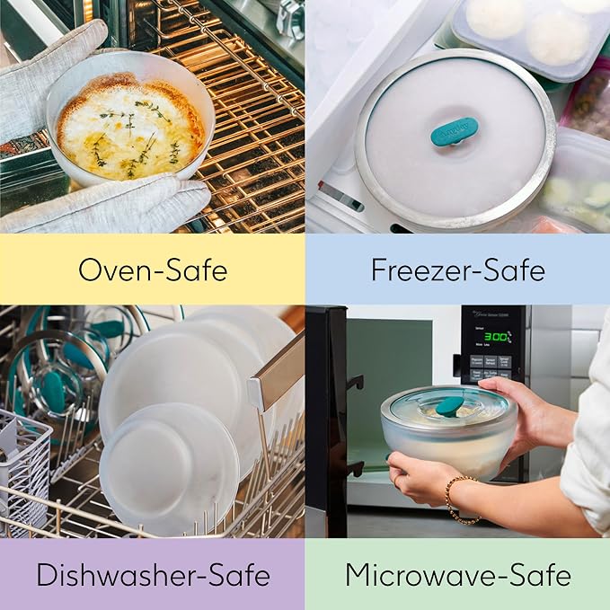 Anyday 4-Cup Glass Microwave Steamer & Food Storage (Clear Black Sesame) | Glass Lids, Round Shallow Dish, Plastic-Free Meal Prep, Microwave Cookware, Stackable Airtight Container