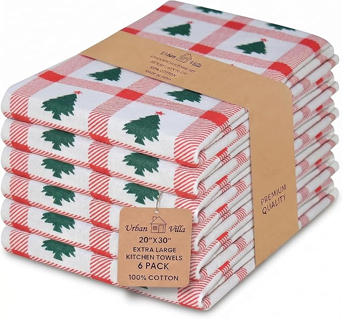 Urban Villa Kitchen Towel Cotton Dish Towel 20”x30” (Set of 6) Christmas Tree