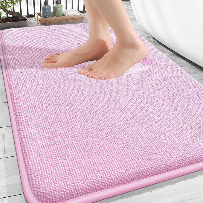 OLANLY Thick Memory Foam Bathroom Rugs 30x20, Soft Absorbent Bath Mat, Pink | Quick Dry Bath Mat Rugs, Non-Slip Mats, Machine Washable Carpet for Bathroom Floor, Tub and Shower, Home Decor Accessories