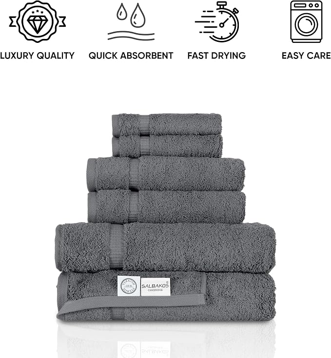 SALBAKOS 100% Turkish Cotton Bathroom Towel Set of 6-Piece, Gray | 630 Gsm Thick Super Soft Highly Absorbent 2 Bath + 2 Hand + 2 Washcloth Towels Sets, Giftable, Hotel Quality, Made in Turkey