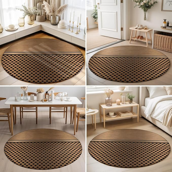 Round Area Rug 6', Brown Metal Hole Washable Area Rugs for Living Room Kitchen Bedroom Nursery Dining Room, Modern Copper Net Eye Hole Pattern Non Slip Door Mat Indoor Floor Throw Circle Carpet