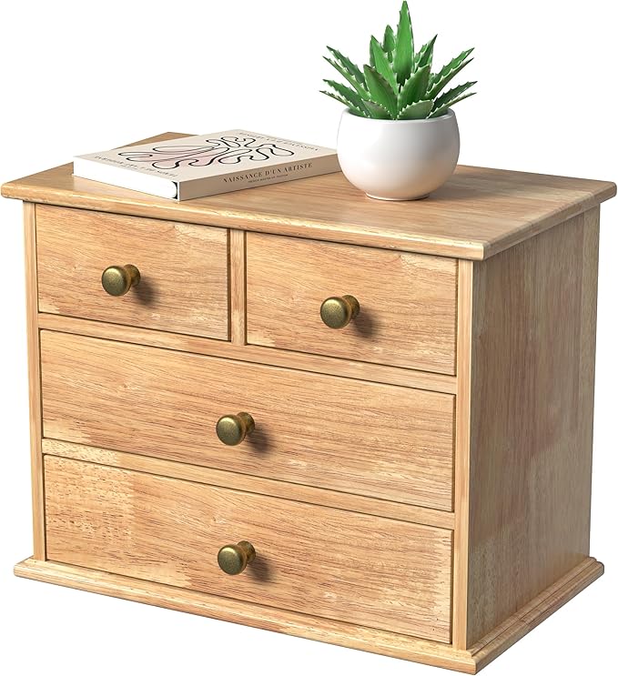 Oak Desk Organizer with Drawers, Wooden Desktop Storage Box with Metal Handles & Non-Slip Silicone Pads, 4 Drawer Tabletop Organizer for Office, Bedroom, Bathroom, Vanity, Makeup – Light Burnt Brown