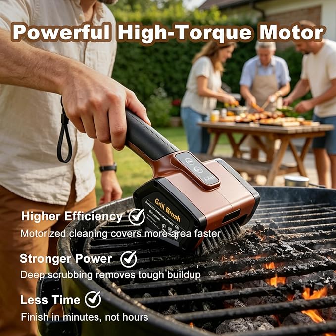 Electric BBQ Grill Brush,3000mAh Electric Grill Cleaner for Outdoor Grill, 2-Speed Power, Type-C Charging, 2 Brush Heads & LED Light, Motorized Grill Cleaning Brush for Camping & Family BBQ (Brown)