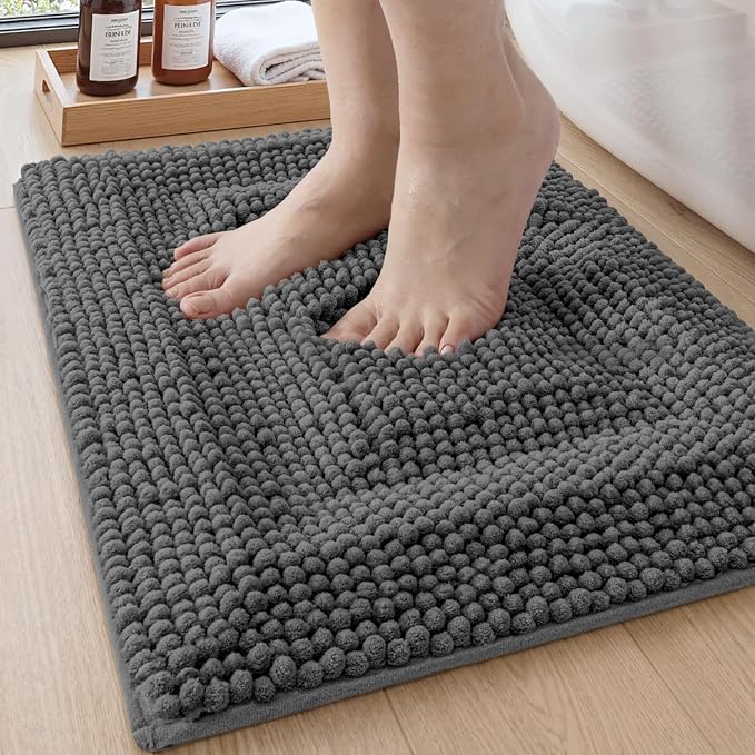 DEXI Small Bath Mats for Bathroom 24x16, Non Slip Washable Bathroom Rug, Thick Soft Chenille Absorbent Bathmat for Shower Floor, Fluffy Shaggy Carpet for Tub, Grey