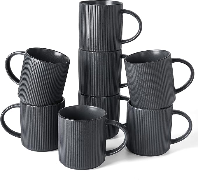famiware Coffee Mug Set for 8, Star 16 oz Catering Mugs Cup Set with Handle for Coffee, Tea, Cocoa, Milk - Ceramic Stoneware Drinkware Set, Matte Dark Charcoal