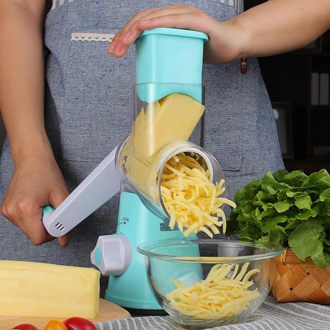 Cambom Rotary Cheese Grater Hand Crank Cheese Shredder for Fresh Cheese, Vegetable, Nuts,Non-slip Suction Base，Three Blades,Blue