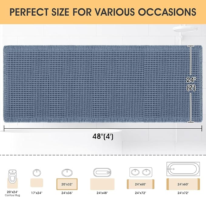 IM HOME Waffle Bath Mat Blue 4'x2', Boho Woven Modern Bath Mat Rugs, Absorbent Non Slip Bathroom Rugs, Soft Washable Bath Rugs with Tassels for Bathroom, Bedroom, Kitchen, Shower, Tub