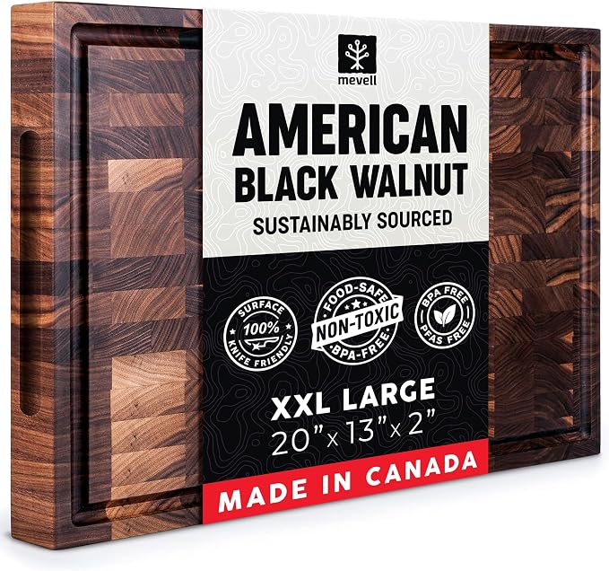 Walnut End Grain Cutting Board for Kitchen, Reversible Extra Large Wooden Butcher Block With Juice Grooves, Made in Canada (Walnut, 20x13x2)