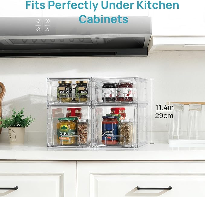 Vtopmart 4 Pack Clear Stackable Storage Drawers,Under Sink and Kitchen Organizers Storage,Easy to Assemble Plastic Drawers for Baby Bottle,Medicine, Bathroom,Cabinet and Pantry Organization