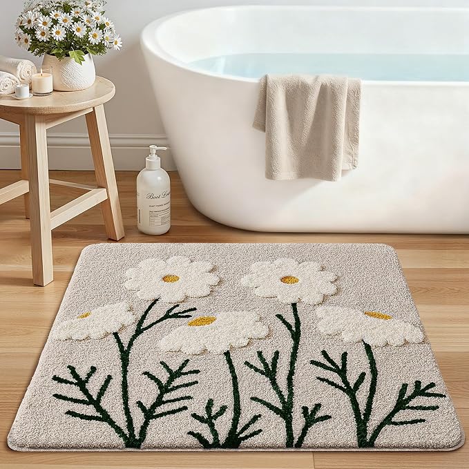 LUMI Bathroom Rugs Cute Daisy, Soft Absorbent Square Bath Mat Non-Slip, Machine Washable Quick Dry White Grey Luxury Rug Flower for Kids Room, Bathtub, Home Decor, 26"x26"