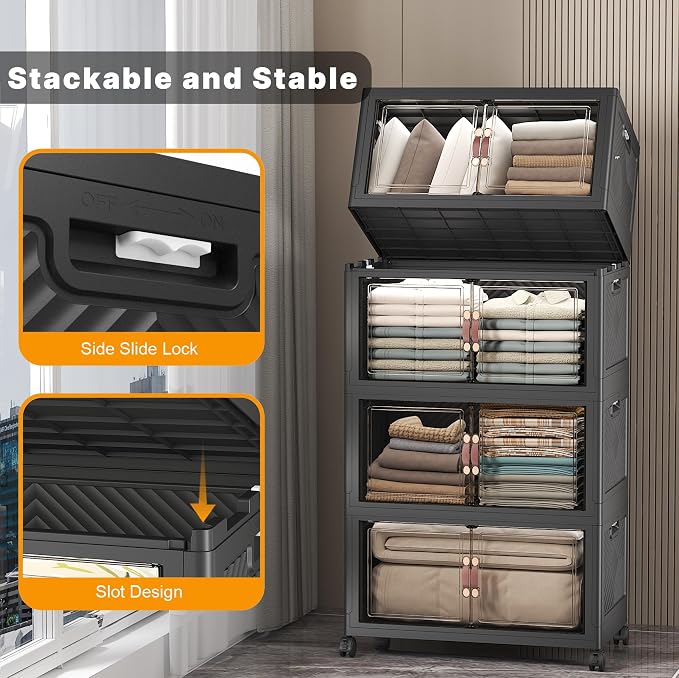 Stackable Storage Bins, 480QT Collapsible Drawers with 1 Lid | Large Capacity, Magnetic Door, Stack Lock, Rolling Wheels, Foldable Design, Organizers and Storage for Bedroom Dorm Garage