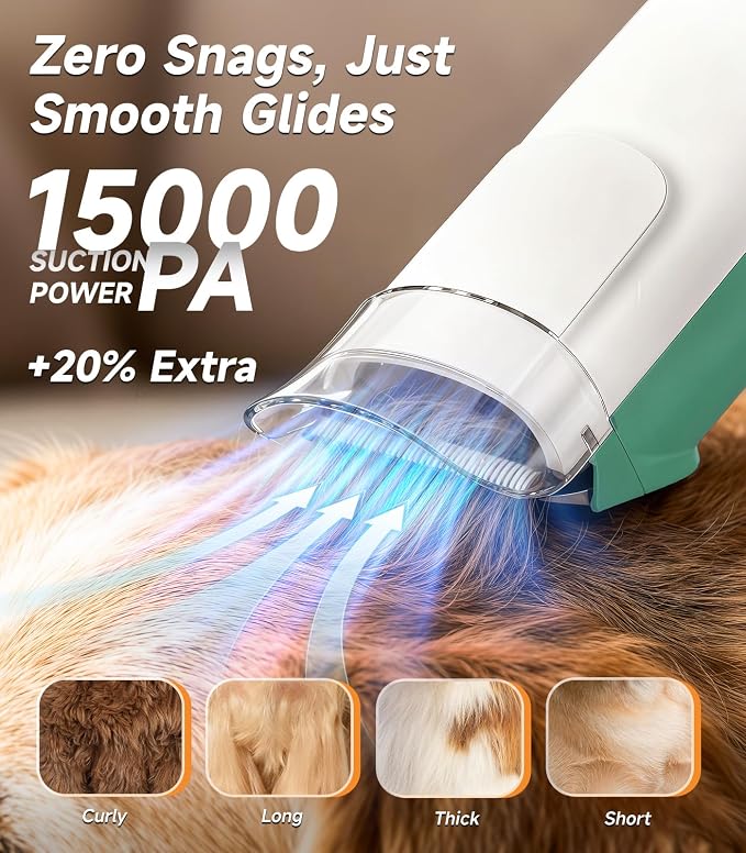 buenkee Dog Grooming Kit with Vacuum, 15000Pa Pet Hair Clipper and Shedding Brush, 2L Capacity, Green