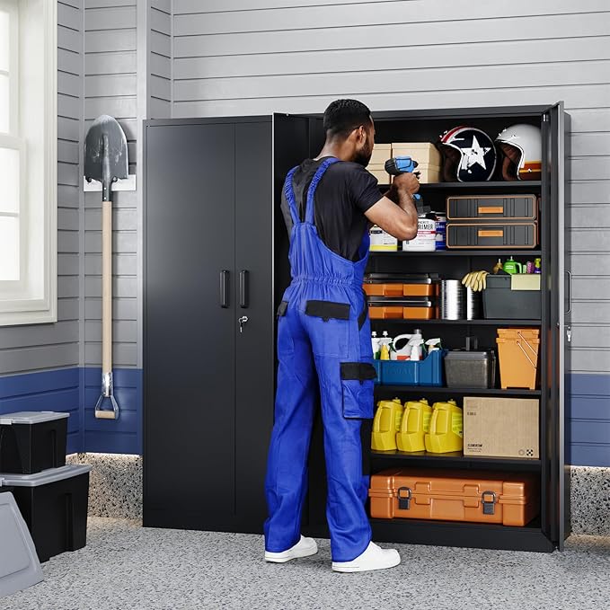 Metal Storage Cabinet with Lock - 72" Garage Storage Cabinet with 2 Locking Doors and 5 Adjustable Shelves, Black Steel Lockable for Office,Home,Garage