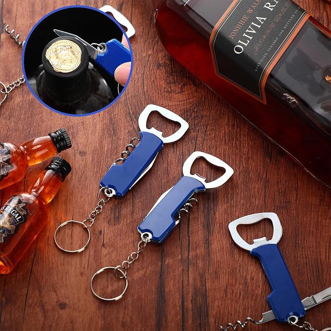 24 Pcs Bottle Opener Keychain Bulk Wine Bottle Beer Opener Keychain 3.27" Stainless Steel Corkscrew Waiter Corkscrew Wine Keyring Gifts for Christmas Bar Party Wedding Home (Blue)