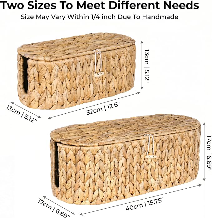 Set of 2 Cable Management Box, Handwoven Water Hyacinth Cord Hider Organizer Boxes with 3 Side Open Slots, Cable Organizer Box to Hide Cords Power Strip, USB Hub, TV Wires for Home, Office
