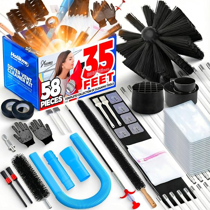 Holikme 58 Pieces 35 Feet Dryer Vent Cleaner Kit, Dryer Cleaning Tools, Include Dryer Vent Brush, Omnidirectional Blue Dryer Lint Vacuum Attachment, Dryer Lint Trap Brush, Vacuum & Dryer Adapters
