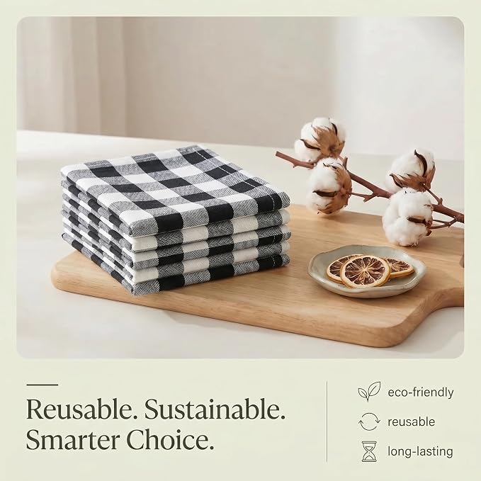 Urban Villa Kitchen Towels 100% Cotton Dish Towels for Kitchen (Set of 6) 20”x30” Dish Cloths Highly Absorbent Kitchen Linen Set with Hanging Loop Perfect for Drying Dishes Cleaning – Black White