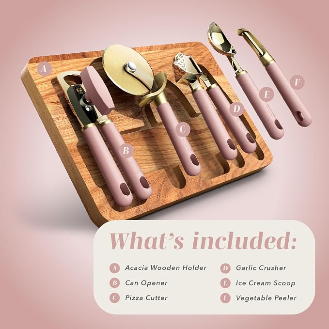 COOK WITH COLOR 6-Piece Kitchen Tool Set with Acacia Wood Cutting Board, Can Opener, Pizza Cutter, Garlic Press, Scoop & Peeler, Pink
