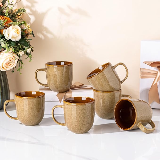 LERATIO Ceramic Coffee Mugs Set of 6,12oz Handmade Coffee Mugs Set | Large Handle for Cappuccino/Latte/Tea/Hot Cocoa,Oven &Dishwasher & Microwave Safe-Chestnut