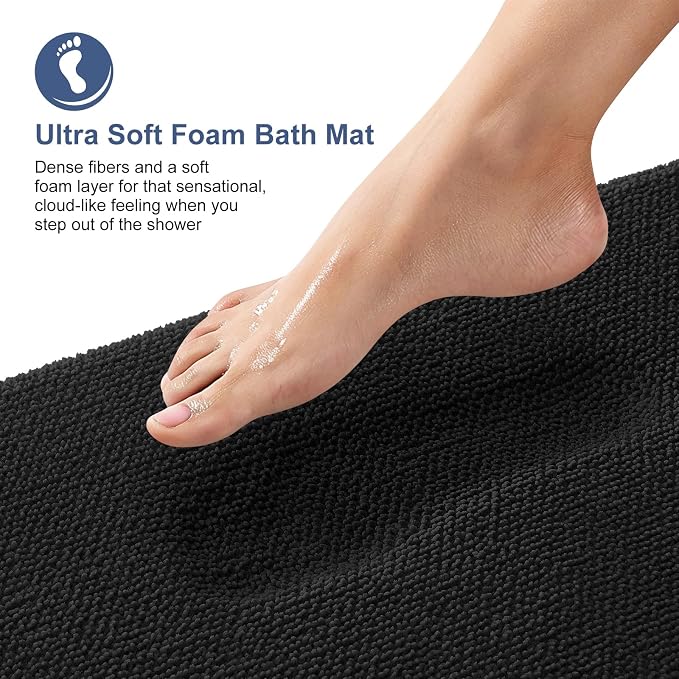 OLANLY Thick Memory Foam Bathroom Rugs 30x18, Absorbent Bath Mat, Black | Soft Quick Dry Bath Rugs Mats, Non-Slip, Machine Washable Carpet for Bathroom Floor, Tub and Shower, Home Decor Accessories
