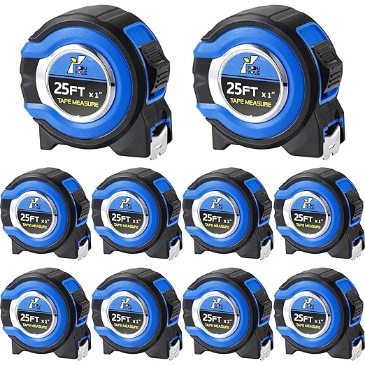 Youyole 10 Pack Tape Measure with Fractions 1/8 Steel Measuring Tape Retractable Easy Read Measurement Ruler Steel Power Blade (25 ft X 1 in,Blue)
