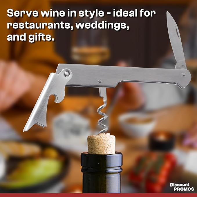 10 Valencia Stainless Steel Wine Bottle Openers Set - Corkscrew, Serrated knife, Perfect for Bars - Silver