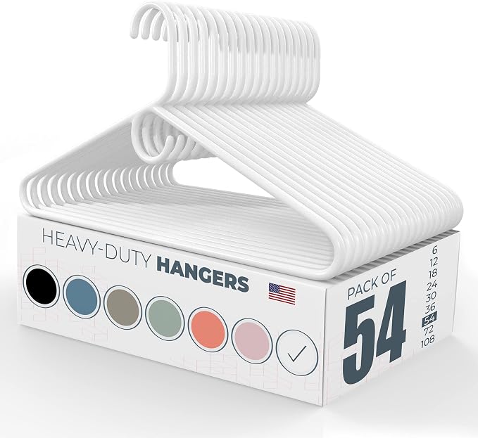 Heavy Duty Clothes Hangers 50 Pack (54 Count) – Made in the USA – 8lb Capacity Plastic Hangers for Adult Clothing – Durable for Pants, Coats, Jackets, or Jeans – White