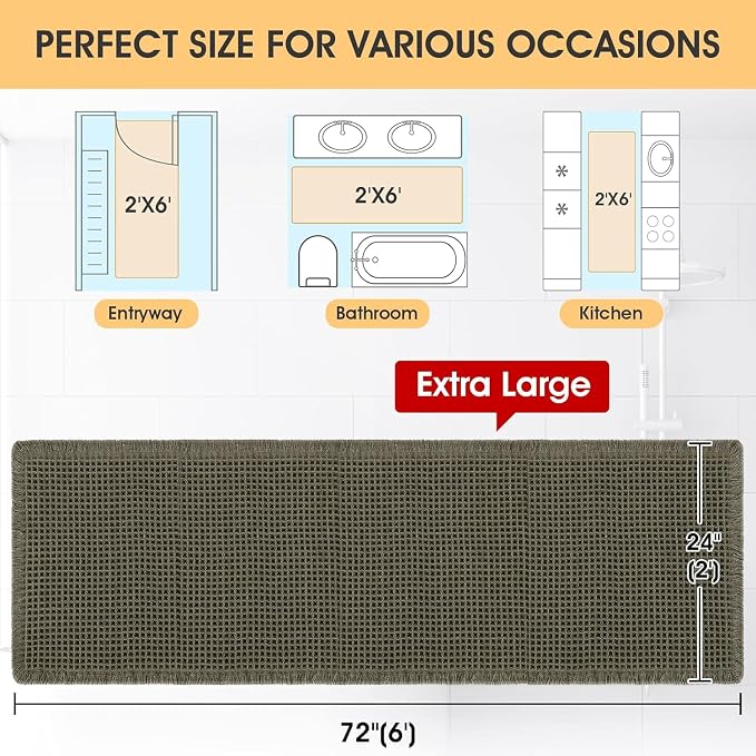 IM HOME Waffle Runner Rug Olive Green 6'x2', Boho Woven Modern Bath Mat Rugs, Absorbent Non Slip Bathroom Rugs, Soft Washable Bath Rugs with Tassels for Bathroom, Bedroom, Kitchen, Shower, Tub