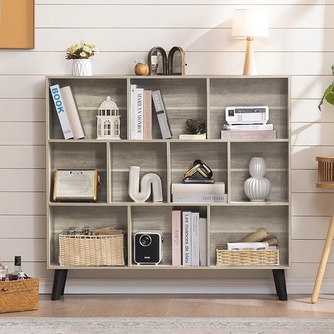 LEYAOYAO 10 Cube Bookshelf,Mid-Century Modern Bookcase with Legs,Retro Grey | 3 Tier Book Shelf,Rustic Wood Bookshelves Freestanding Large Storage Organizer, Open Shelves for Bedroom, Living Room, Office