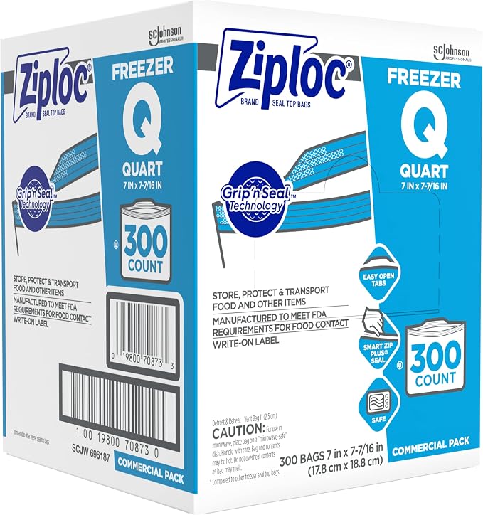 Ziploc Freezer Bags, For Food Organization and Storage, Double Zipper, Quart, 300 Count (Pack of 8, 2400 Count Total)