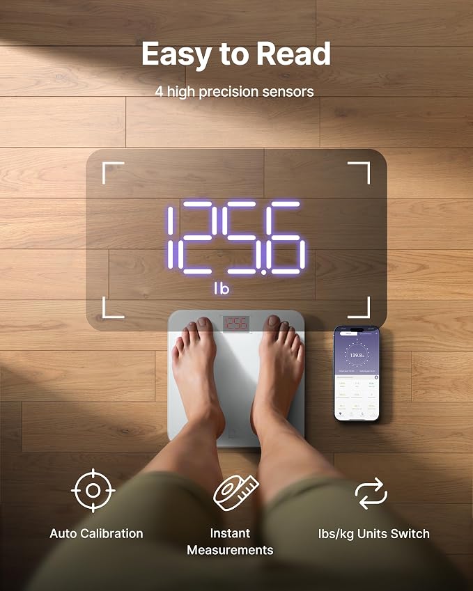 FITINDEX Smart Scale for Body Weight, FSA&HSA Eligible, Scale with BMI, Body Fat, Muscle Mass, Bluetooth,13 Body Composition Analyzer, Sync APP, Digital Bathroom, 400lb, White