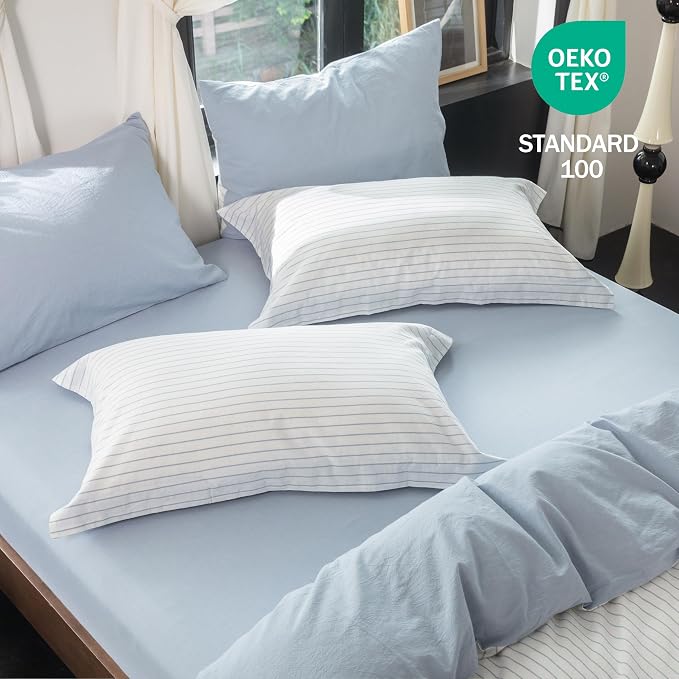 Reversible Duvet Cover Set 100% Washed Cotton Sky Blue Stripe Linen Feel Duvet Cover Twin Size with Zipper Closure & 2 Pillow Shams,Sky Blue/White Stripe Reverse Solid Sky Blue